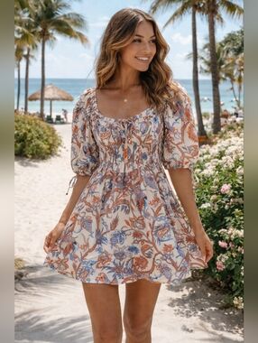 House of Harlow 1960 Smocked Floral Mini Dress Boho Milkmaid Style 100% Cotton